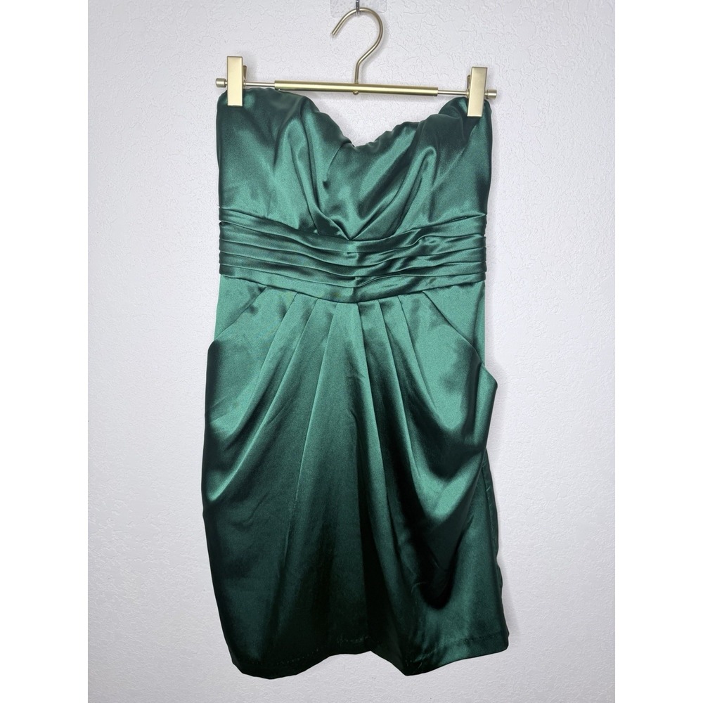 Strapless Satin Mini Dress Sz 13 Green Ruched Cocktail Party Formal Wedding